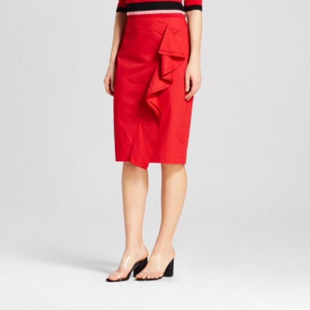 Cherry Red Ruffle Pencil Midi Skirt